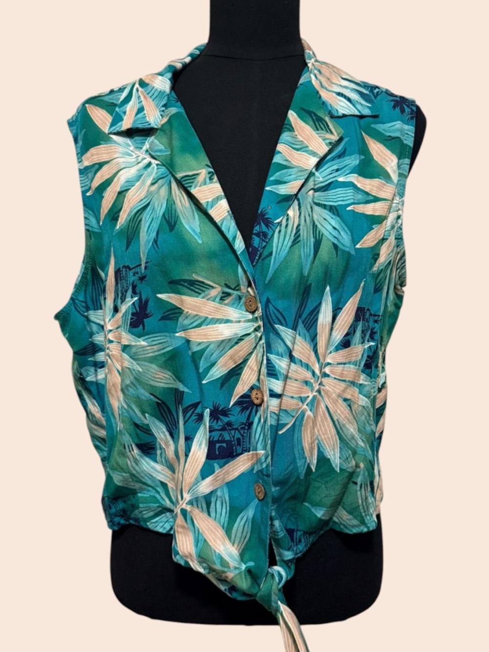 Vintage Sunset Cove Teal Tropical Tie-Front Sleeveless Top